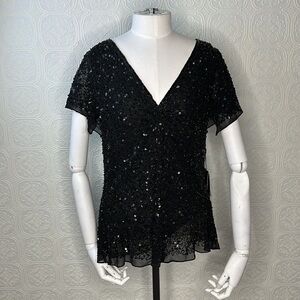 Adrianna Papell | Dazzling Winds Black Sequined V-Neckline Blouse, NWT Size M